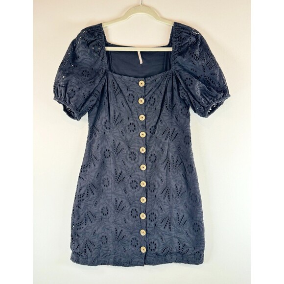 Free People Womens Dress Black Daniella Eyelet Mini Puffed Babydoll Boho Size 8 - Picture 2 of 10